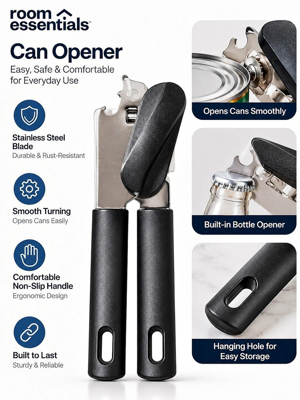Room Essentials Can Opener Black Stainless Steel NWT